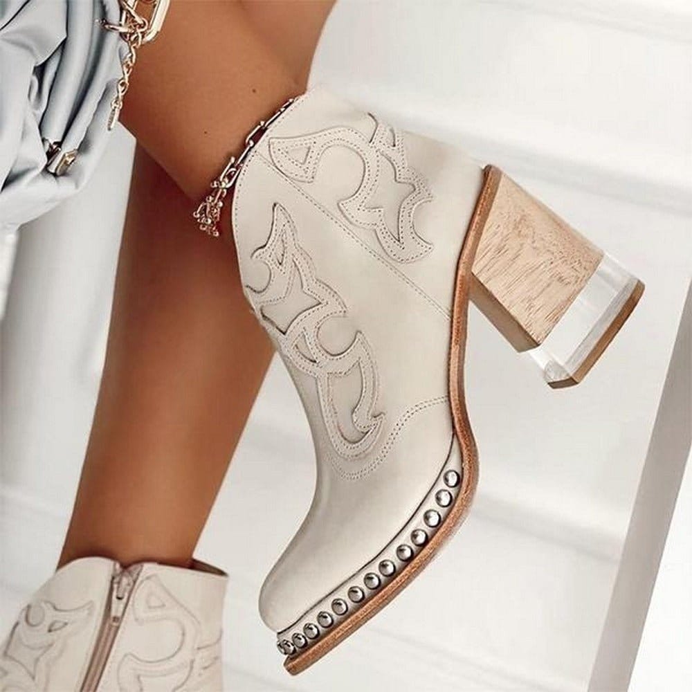 Stylish Cowgirl Boots for Women with Embroidered Ankle Studded Block Heel Western Style