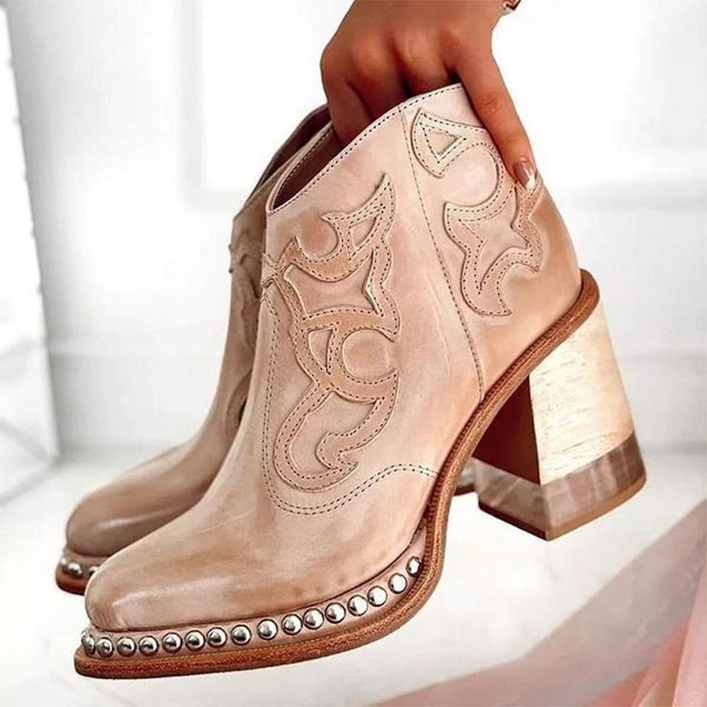 Stylish Cowgirl Boots for Women with Embroidered Ankle Studded Block Heel Western Style