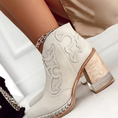 Stylish Cowgirl Boots for Women with Embroidered Ankle Studded Block Heel Western Style