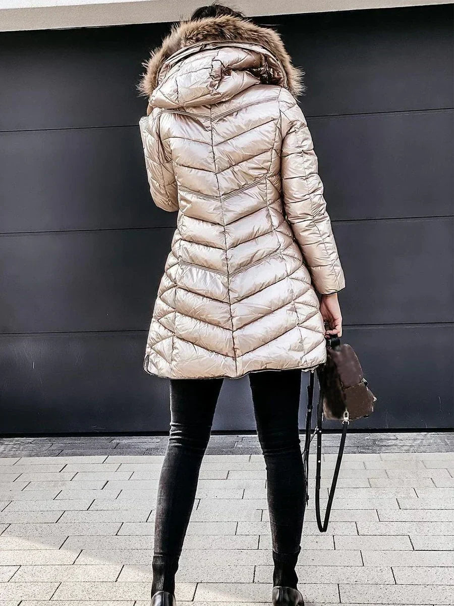 Cozy Cream Puffer Jacket for Women with Faux Fur Hood Long Sleeve Zip Up Fitted Padded Style
