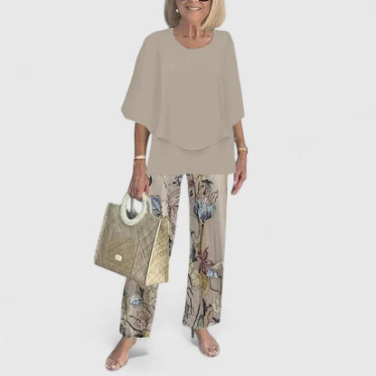 Comfortable Two Piece Set for Women with Round Neck Short Sleeve Printed Wide Leg Pants Casual Style
