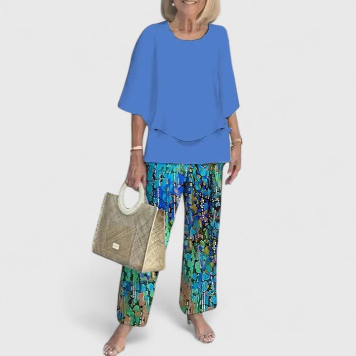 Comfortable Two Piece Set for Women with Round Neck Short Sleeve Printed Wide Leg Pants Casual Style