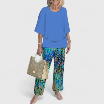 Comfortable Two Piece Set for Women with Round Neck Short Sleeve Printed Wide Leg Pants Casual Style