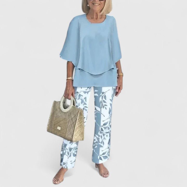 Comfortable Two Piece Set for Women with Round Neck Short Sleeve Printed Wide Leg Pants Casual Style