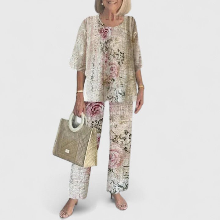 Comfortable Two Piece Set for Women with Round Neck Short Sleeve Printed Wide Leg Pants Casual Style