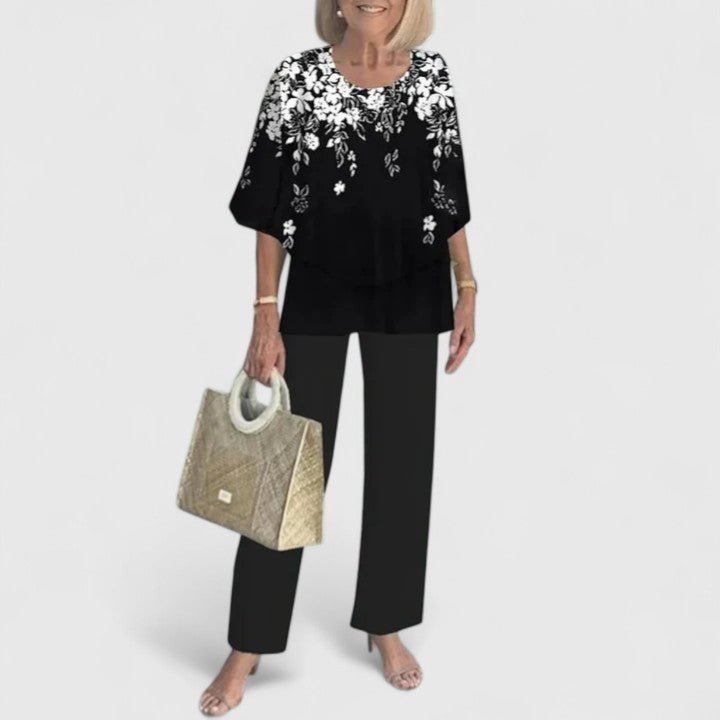 Comfortable Two Piece Set for Women with Round Neck Short Sleeve Printed Wide Leg Pants Casual Style