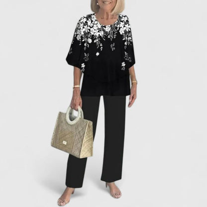 Comfortable Two Piece Set for Women with Round Neck Short Sleeve Printed Wide Leg Pants Casual Style