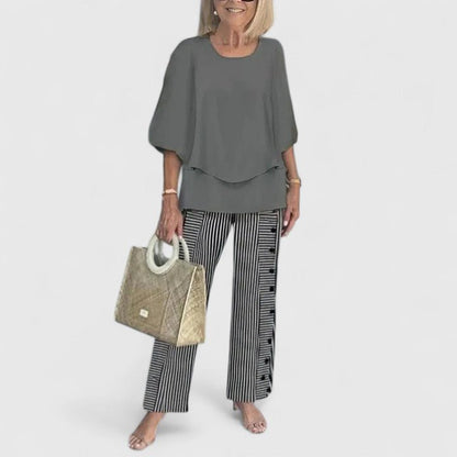 Comfortable Two Piece Set for Women with Round Neck Short Sleeve Printed Wide Leg Pants Casual Style