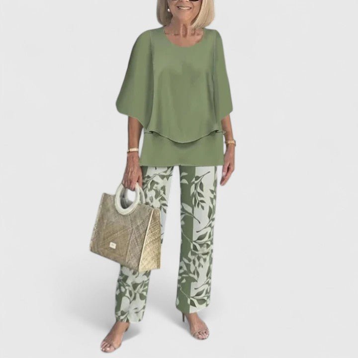 Comfortable Two Piece Set for Women with Round Neck Short Sleeve Printed Wide Leg Pants Casual Style