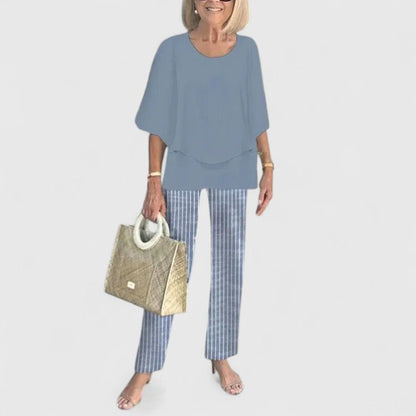 Comfortable Two Piece Set for Women with Round Neck Short Sleeve Printed Wide Leg Pants Casual Style