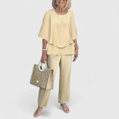 Comfortable Two Piece Set for Women with Round Neck Short Sleeve Printed Wide Leg Pants Casual Style