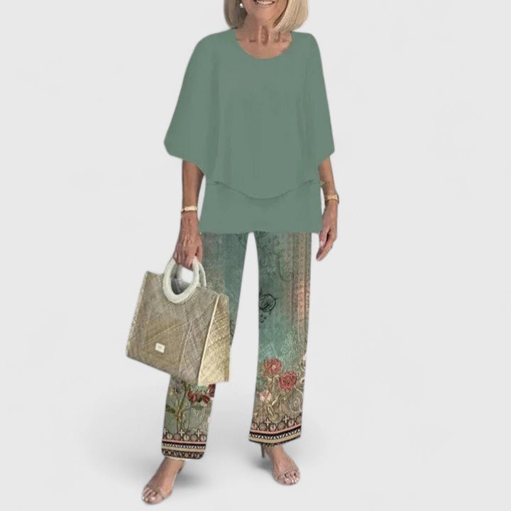 Comfortable Two Piece Set for Women with Round Neck Short Sleeve Printed Wide Leg Pants Casual Style