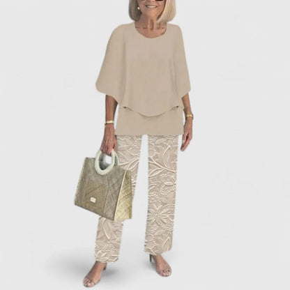 Comfortable Two Piece Set for Women with Round Neck Short Sleeve Printed Wide Leg Pants Casual Style