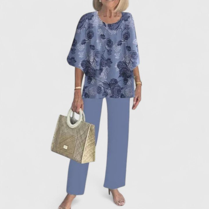 Comfortable Two Piece Set for Women with Round Neck Short Sleeve Printed Wide Leg Pants Casual Style