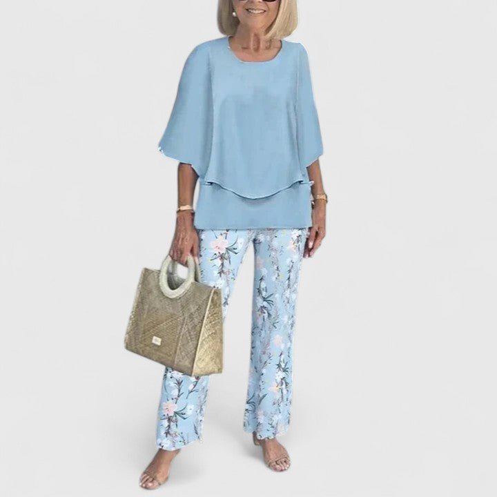 Comfortable Two Piece Set for Women with Round Neck Short Sleeve Printed Wide Leg Pants Casual Style