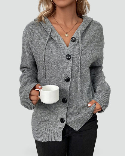 Cozy Knit Cardigan for Women with Hooded Neck Long Sleeve Button Front Relaxed Style