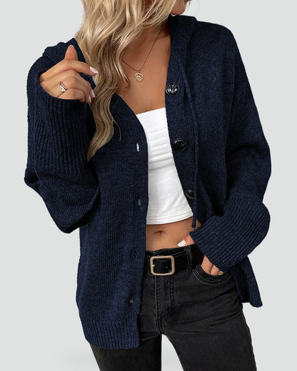 Cozy Knit Cardigan for Women with Hooded Neck Long Sleeve Button Front Relaxed Style