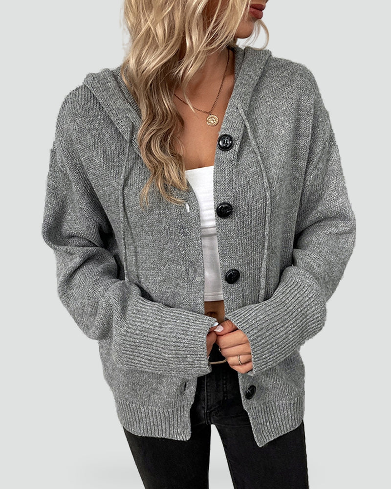 Cozy Knit Cardigan for Women with Hooded Neck Long Sleeve Button Front Relaxed Style