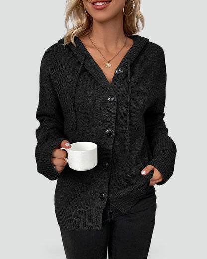 Cozy Knit Cardigan for Women with Hooded Neck Long Sleeve Button Front Relaxed Style