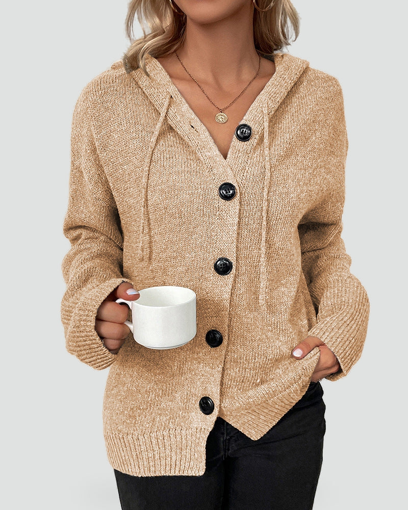 Cozy Knit Cardigan for Women with Hooded Neck Long Sleeve Button Front Relaxed Style