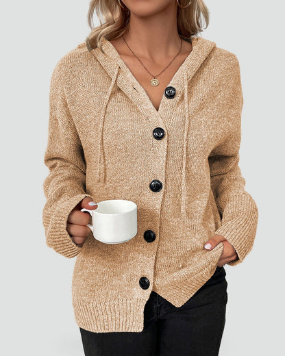 Cozy Knit Cardigan for Women with Hooded Neck Long Sleeve Button Front Relaxed Style