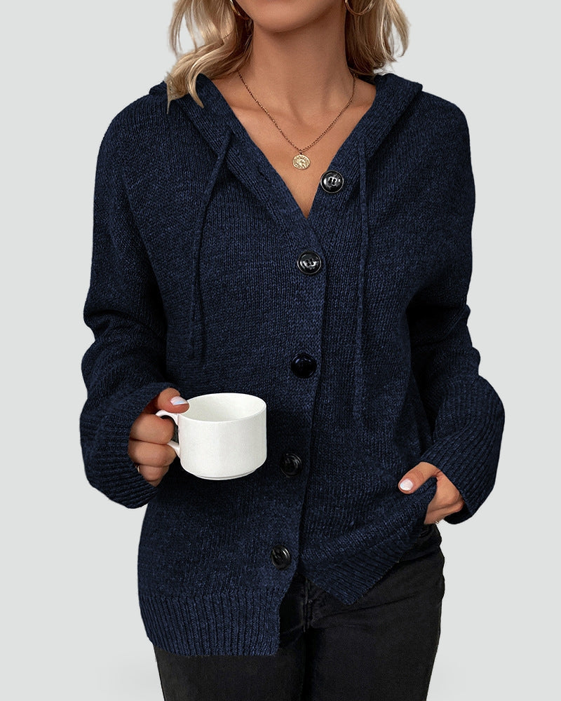 Cozy Knit Cardigan for Women with Hooded Neck Long Sleeve Button Front Relaxed Style