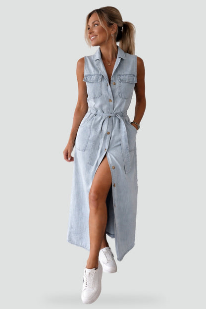 Effortless Denim Dress for Women with Shirt Collar Sleeveless Button Front Belted Maxi Casual Style