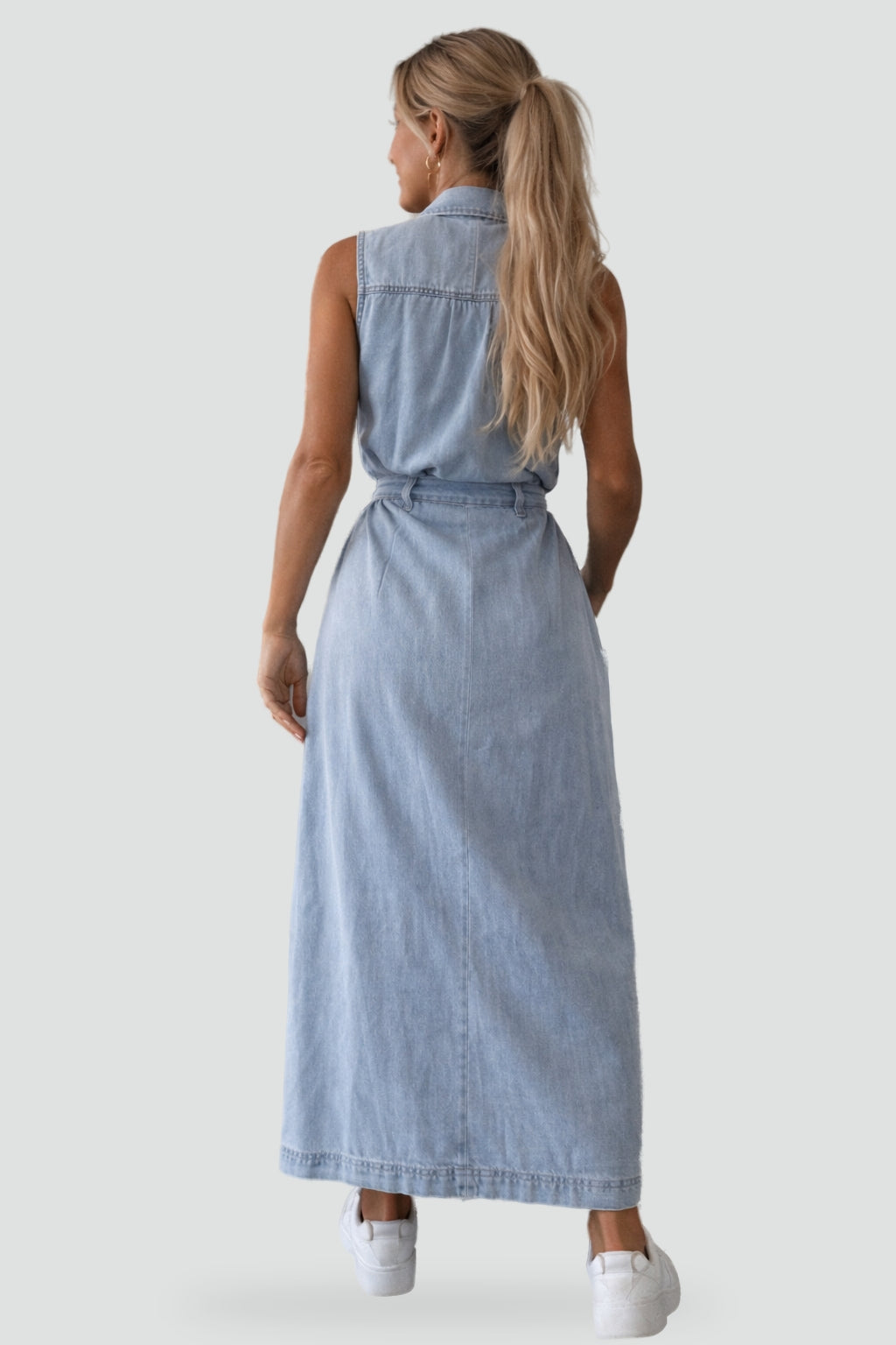 Effortless Denim Dress for Women with Shirt Collar Sleeveless Button Front Belted Maxi Casual Style