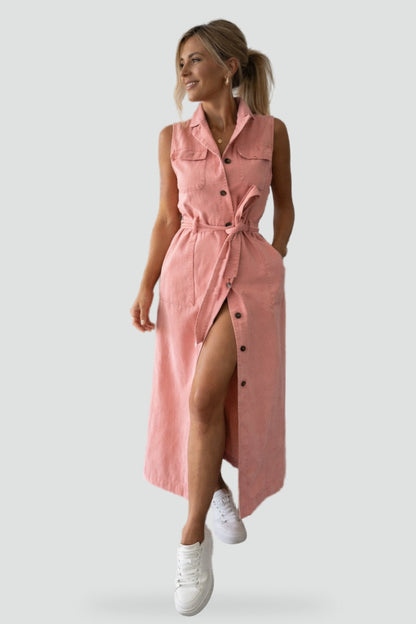 Effortless Denim Dress for Women with Shirt Collar Sleeveless Button Front Belted Maxi Casual Style