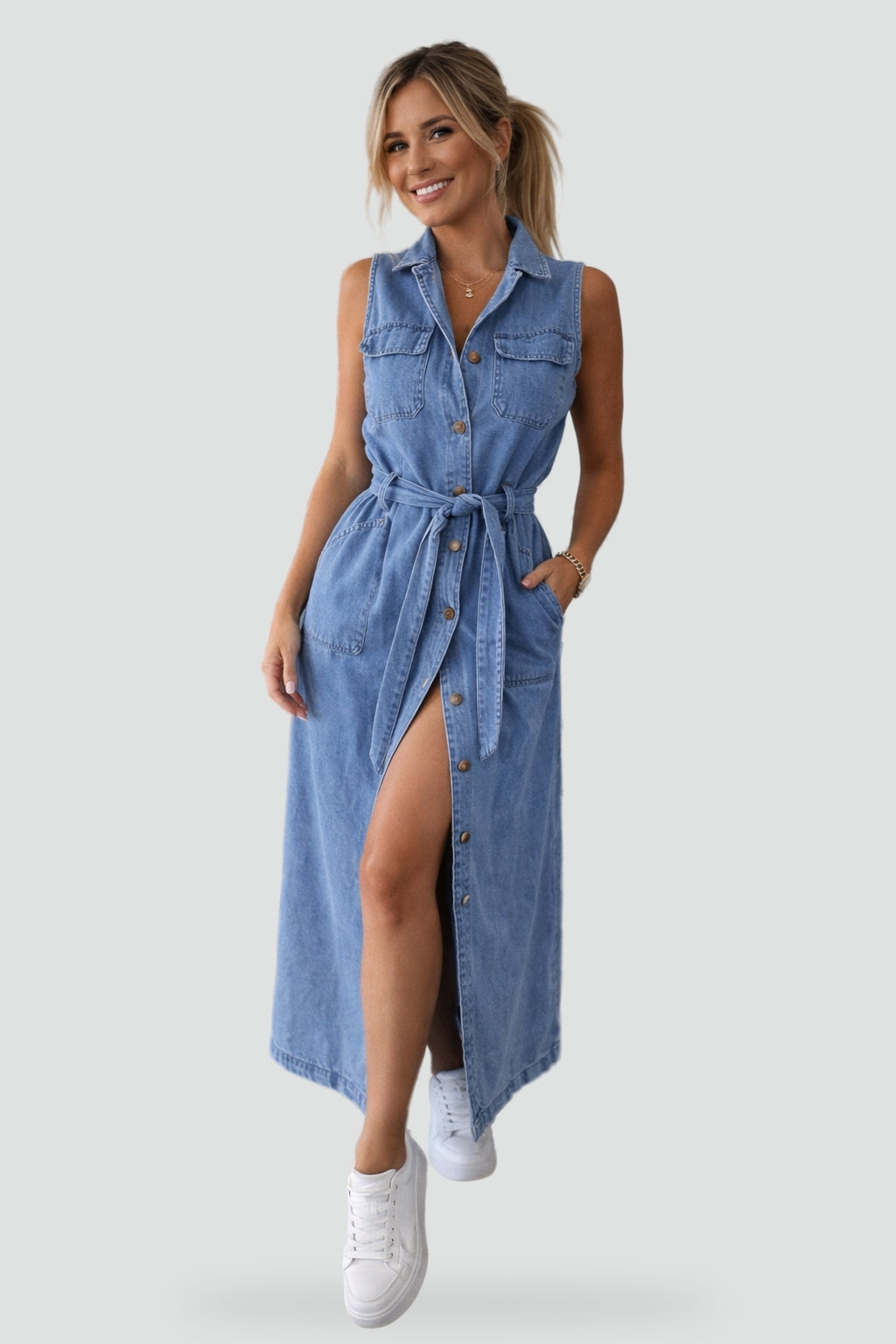 Effortless Denim Dress for Women with Shirt Collar Sleeveless Button Front Belted Maxi Casual Style