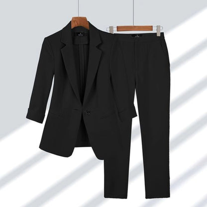 Elegant Blazer Pants Set for Women with Notched Lapel Long Sleeve Single Button Tailored Suit Style