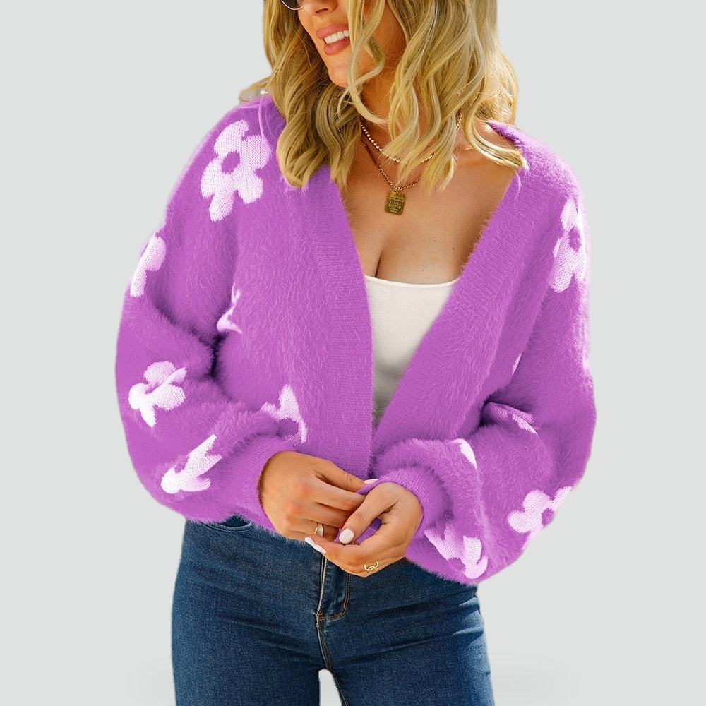 Cozy Floral Knit Cardigan for Women with Open Front Long Sleeve Cropped Fuzzy Style