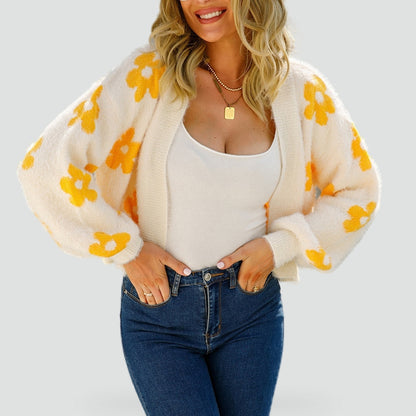 Cozy Floral Knit Cardigan for Women with Open Front Long Sleeve Cropped Fuzzy Style