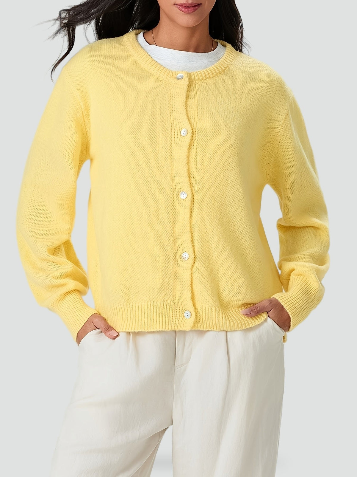Cozy Knit Cardigan for Women with Round Neck Long Sleeve Button Front Relaxed Style