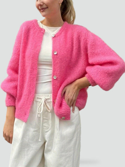 Cozy Knit Cardigan for Women with Round Neck Long Sleeve Button Front Relaxed Style