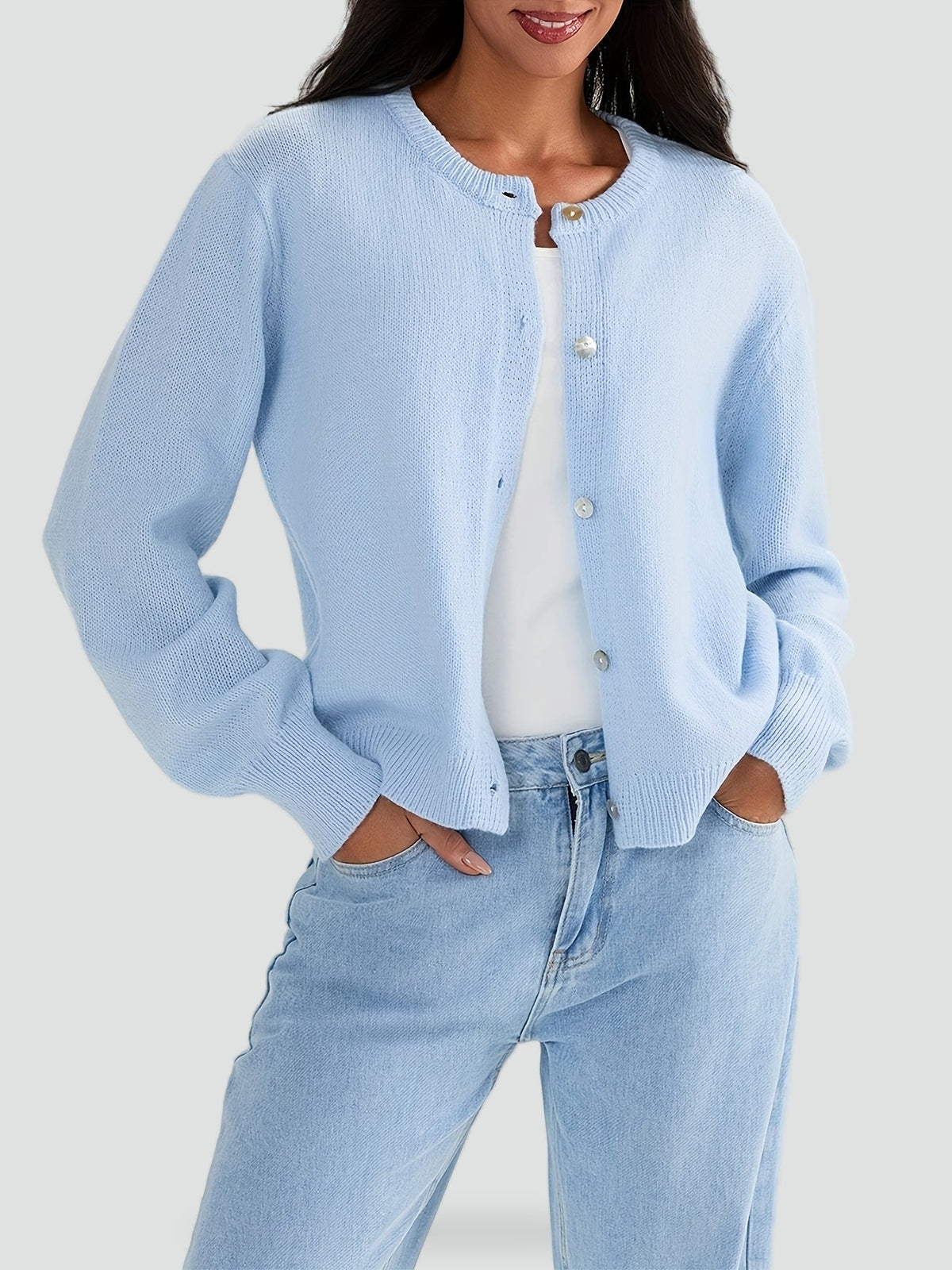 Cozy Knit Cardigan for Women with Round Neck Long Sleeve Button Front Relaxed Style