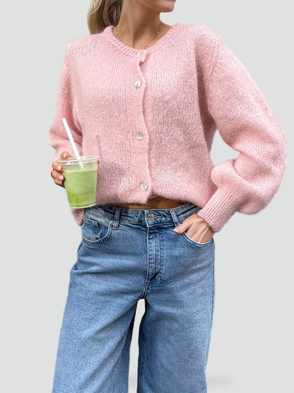Cozy Knit Cardigan for Women with Round Neck Long Sleeve Button Front Relaxed Style