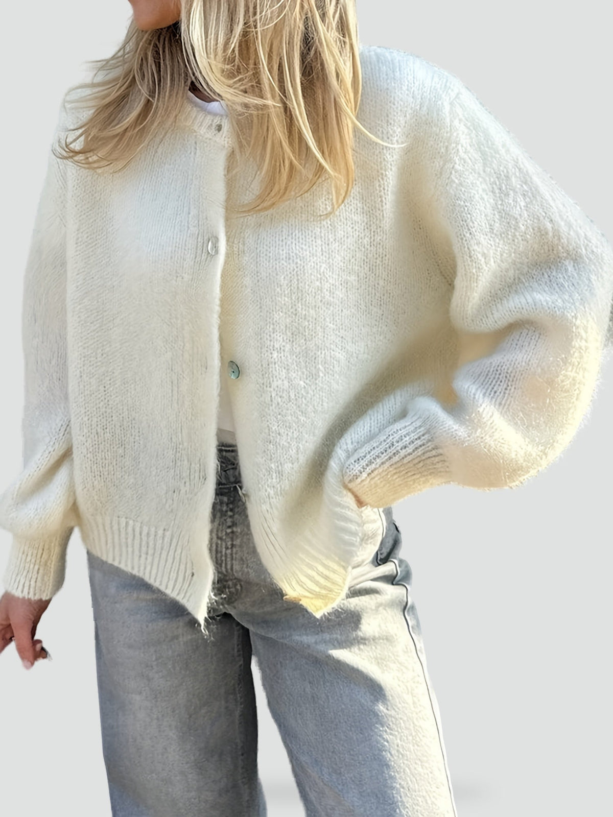 Cozy Knit Cardigan for Women with Round Neck Long Sleeve Button Front Relaxed Style