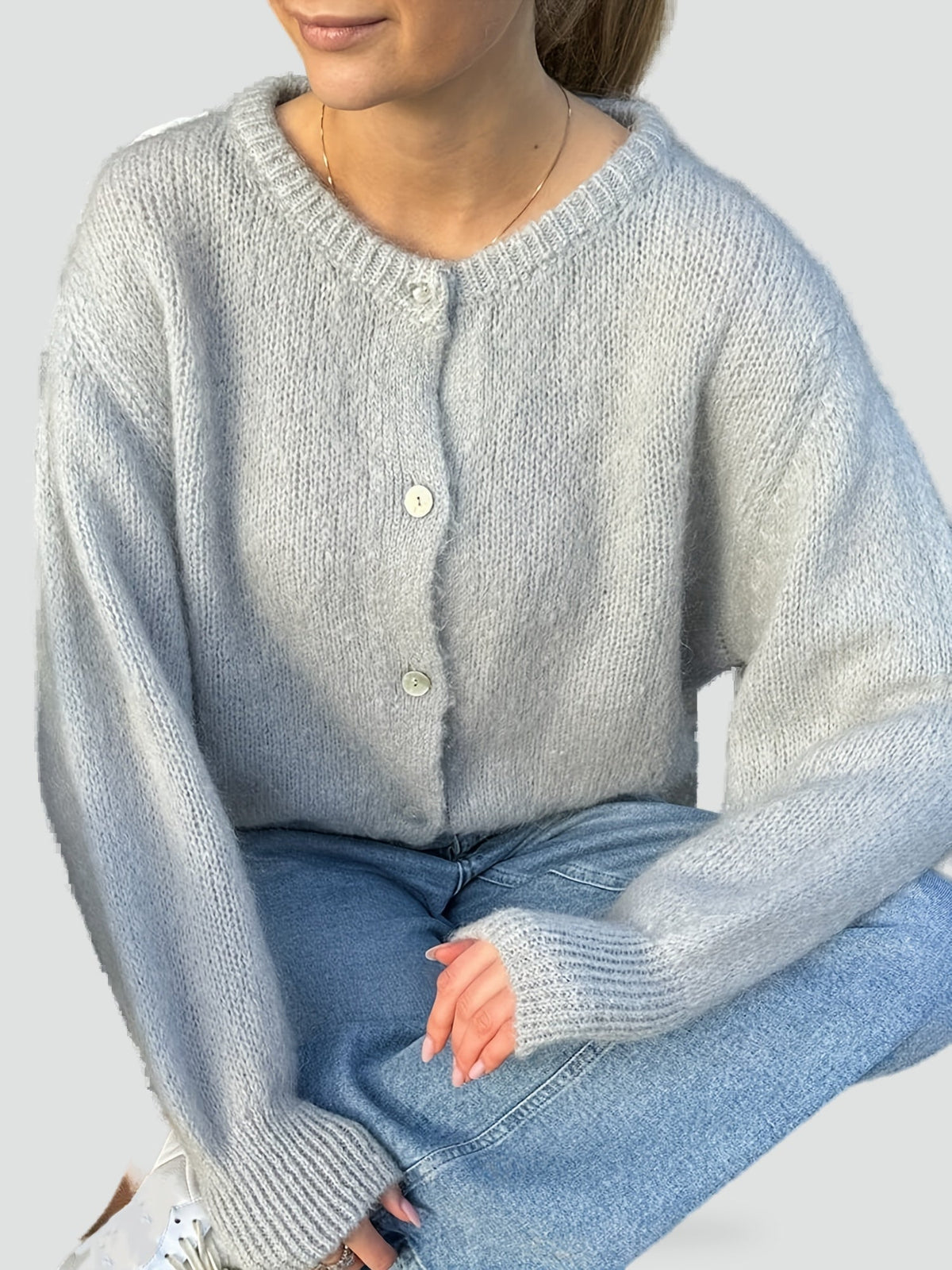 Cozy Knit Cardigan for Women with Round Neck Long Sleeve Button Front Relaxed Style