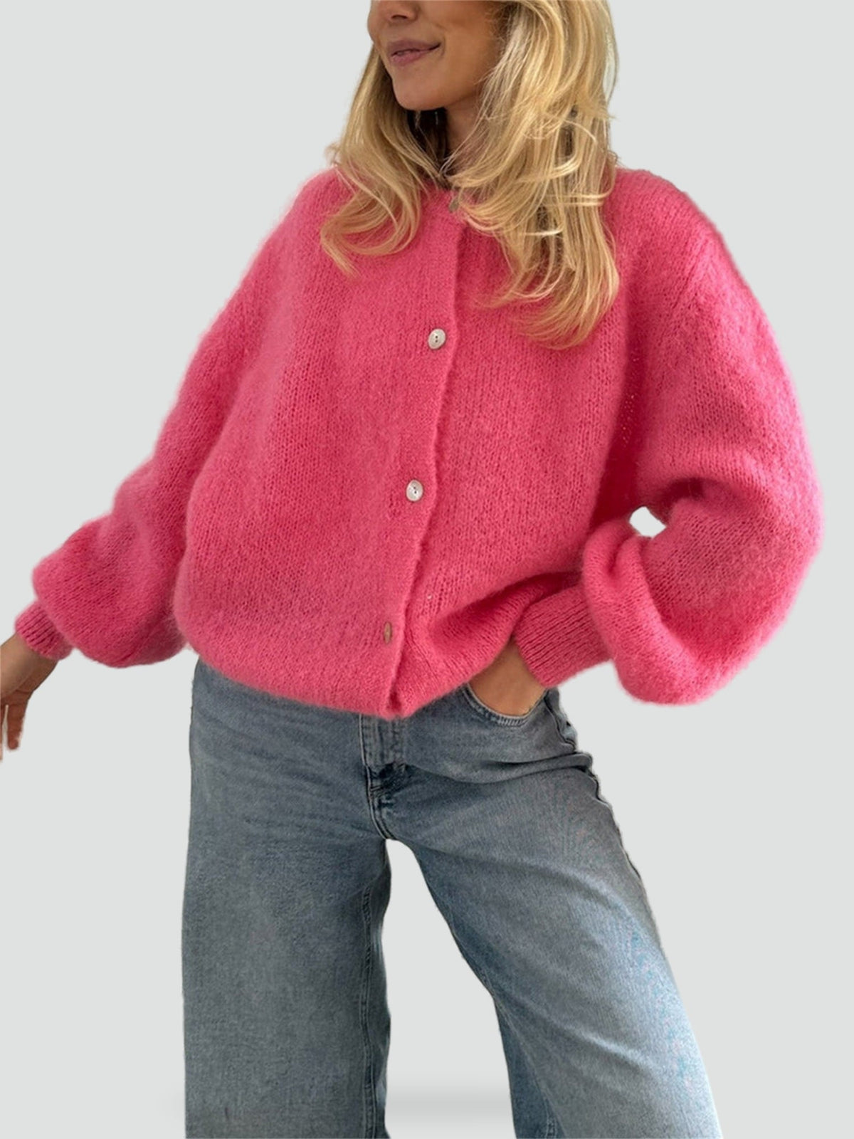Cozy Knit Cardigan for Women with Round Neck Long Sleeve Button Front Relaxed Style