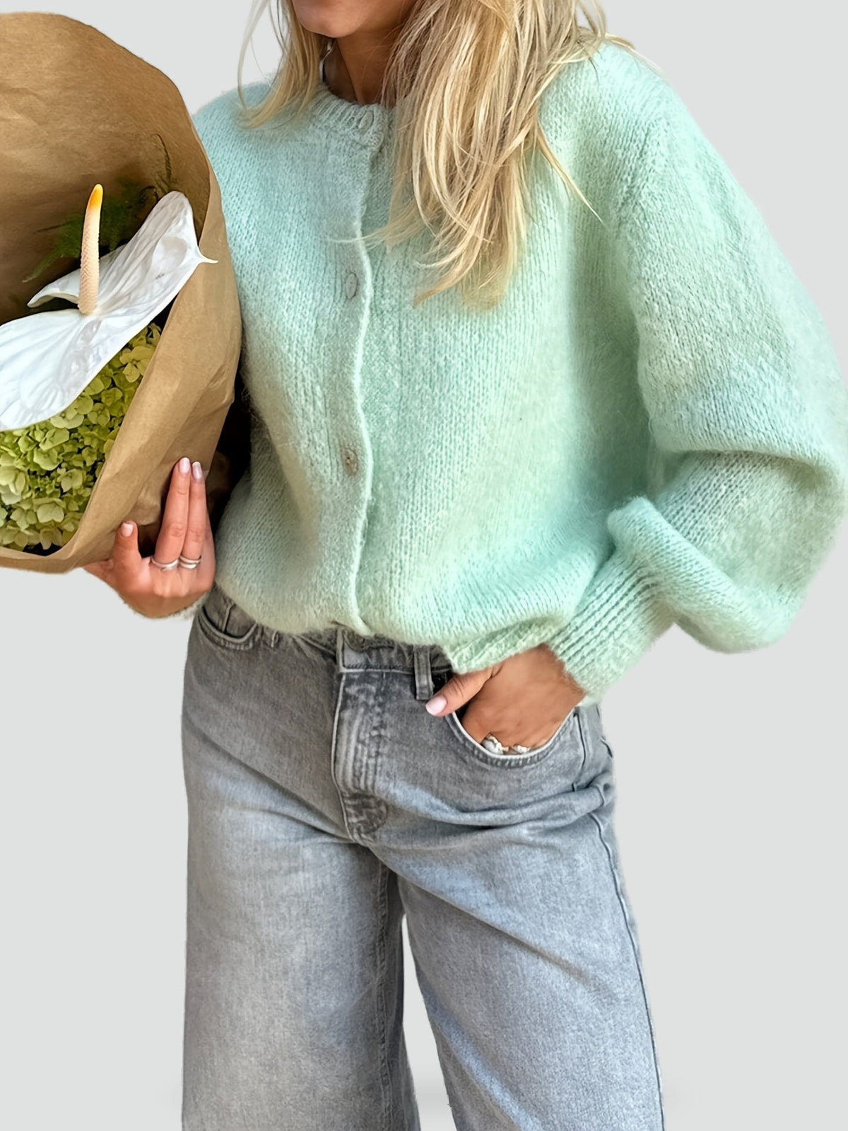 Cozy Knit Cardigan for Women with Round Neck Long Sleeve Button Front Relaxed Style