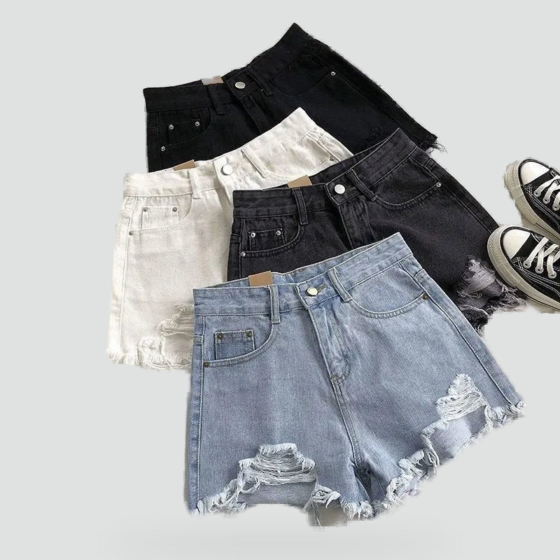 Effortless Distressed Jean Shorts for Women with High Waist Frayed Hem Ripped Casual Style