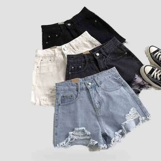 Effortless Distressed Jean Shorts for Women with High Waist Frayed Hem Ripped Casual Style