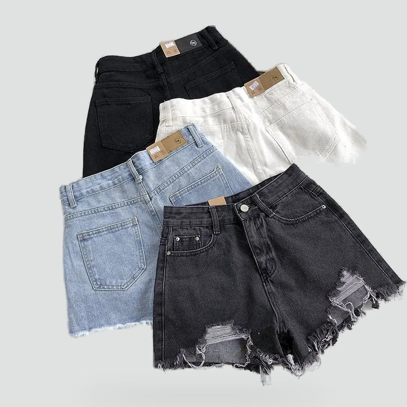 Effortless Distressed Jean Shorts for Women with High Waist Frayed Hem Ripped Casual Style