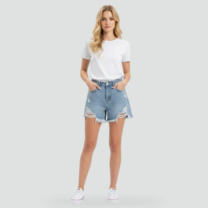 Effortless Distressed Jean Shorts for Women with High Waist Frayed Hem Ripped Casual Style