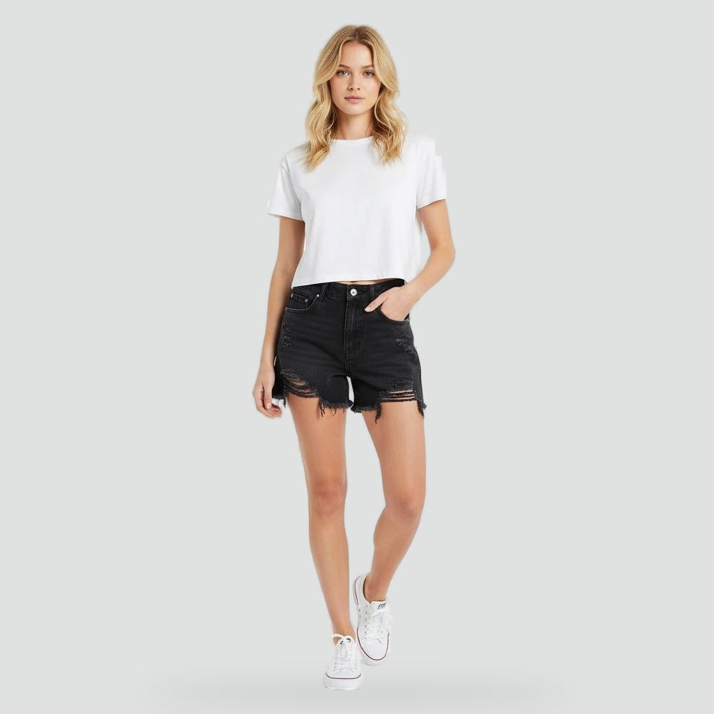 Effortless Distressed Jean Shorts for Women with High Waist Frayed Hem Ripped Casual Style