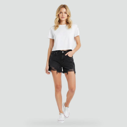 Effortless Distressed Jean Shorts for Women with High Waist Frayed Hem Ripped Casual Style