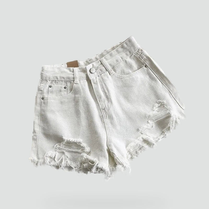Effortless Distressed Jean Shorts for Women with High Waist Frayed Hem Ripped Casual Style
