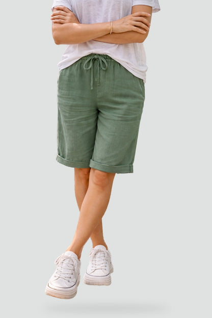 Effortless Linen Bermuda Shorts for Women with High Waist Drawstring Cuffed Hem Relaxed Style