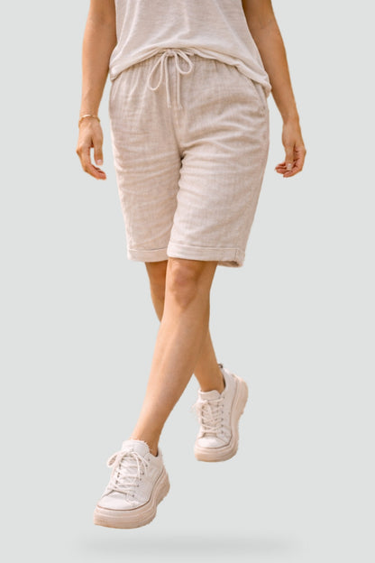 Effortless Linen Bermuda Shorts for Women with High Waist Drawstring Cuffed Hem Relaxed Style